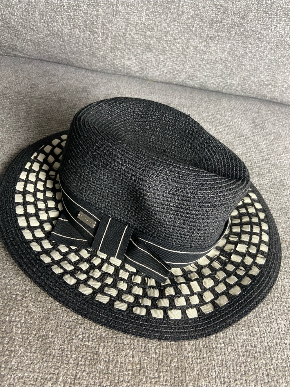 betmar Black Straw Fedora with Cream Open-Weave Brim and Ribbon